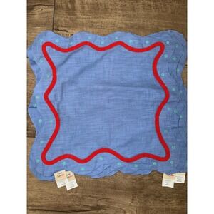 Susan Alexandra New York Beaded Linen Scalloped Napkins Set of 2 Blue Red Wavy
